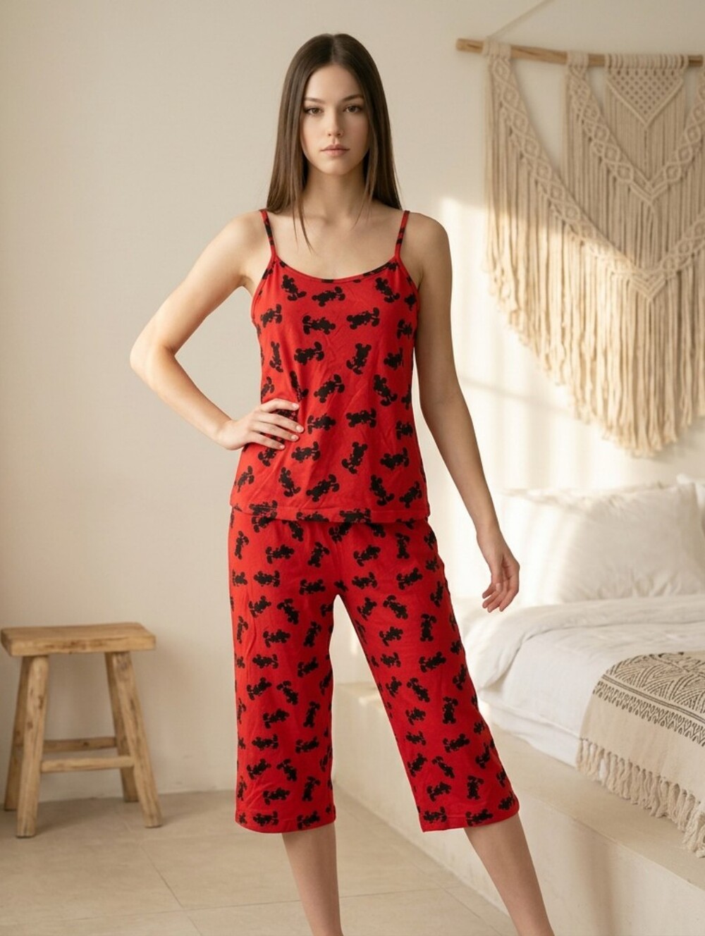 Disney Mickey Mouse 2pc Cami PJs Pajama Set Red Black Silhouette Loungewear - Picture 1 of 13